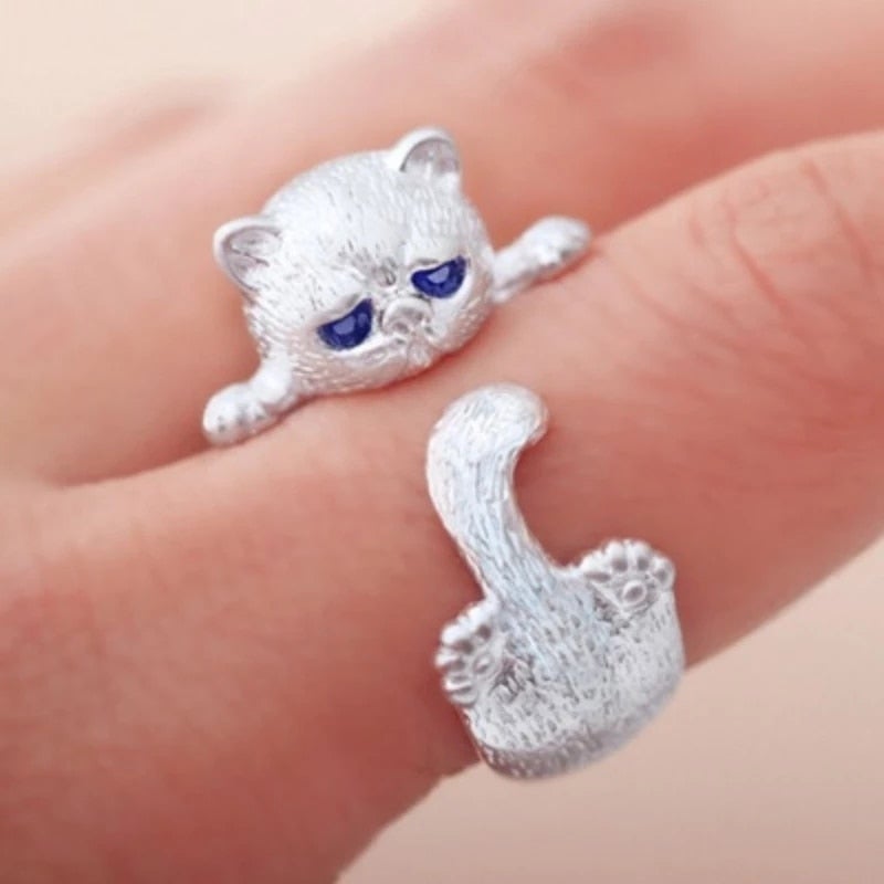 Bague ajustable en argent pour femme avec chat Funny Style - Minou