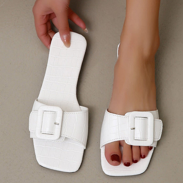 Sandales plates à bout ouvert avec boucle en cuir blanc pour femme - Elina