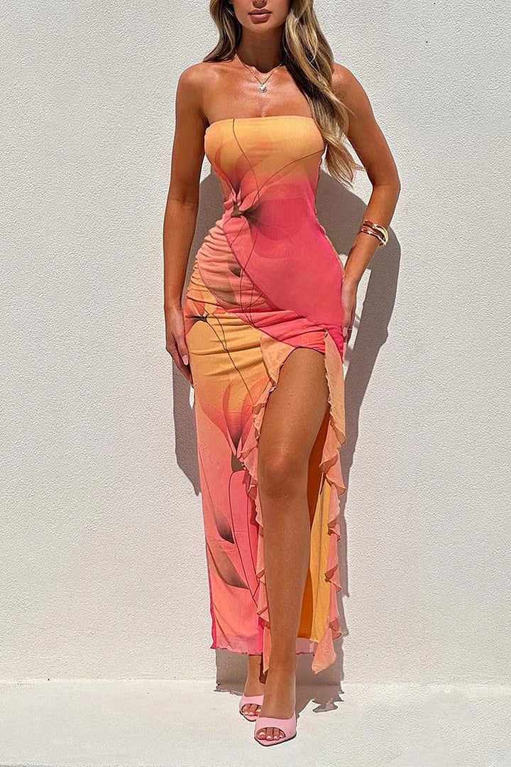 Renata - Robe bustier ajustée avec fente haute et imprimé asymétrique