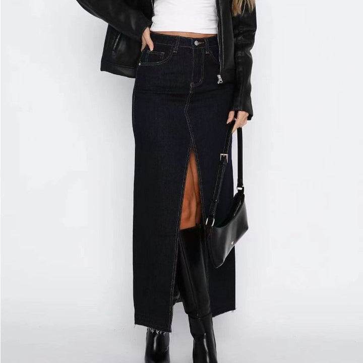 Jupe longue taille haute en denim avec fente au dos - Emilie