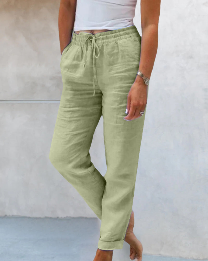 Pantalon décontracté pour femmes - Cordon de serrage - Cropped
