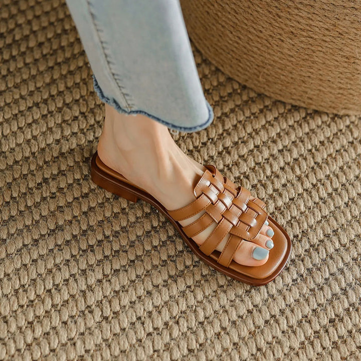Sandales en cuir synthétique pour femmes, modèle plat tressé - Renata