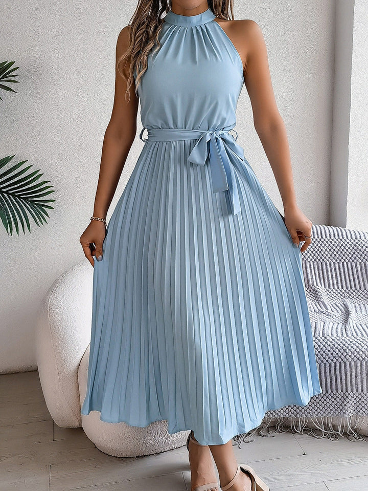 Robe midi plissée sans manches à encolure licou pour femme - Camila