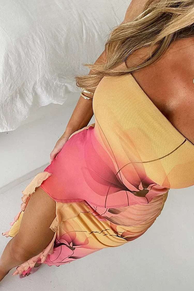 Renata - Robe bustier ajustée avec fente haute et imprimé asymétrique