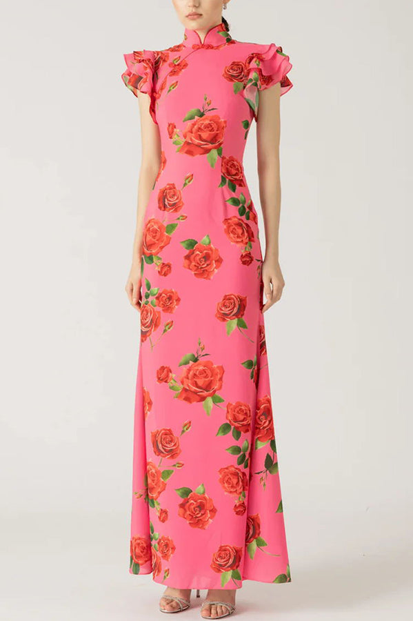 Elena - Robe longue à manches évasées et imprimé floral rose