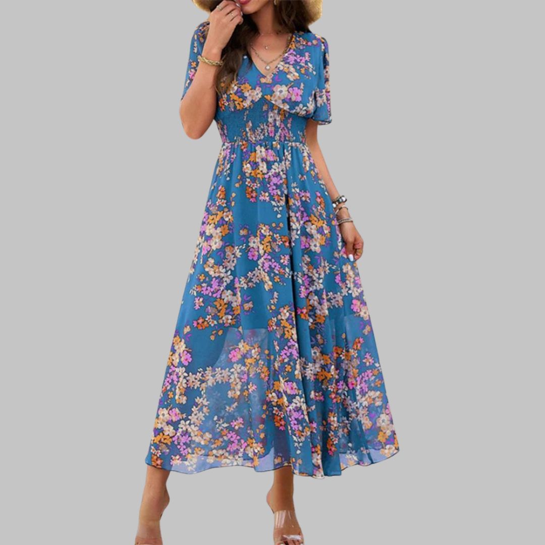 Mareina - Robe midi à col V floral et manches courtes