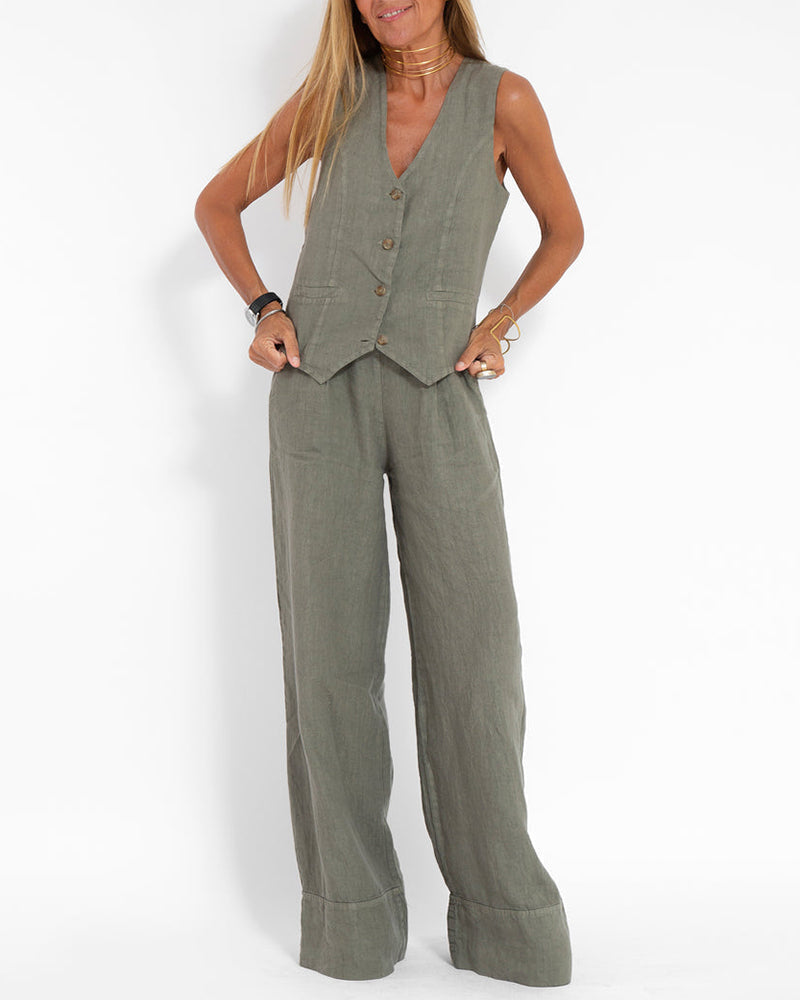 GracefulEase - Simple Elegant Linen Vest and Wide Trousers Set (Ensemble gilet et pantalon large en lin)