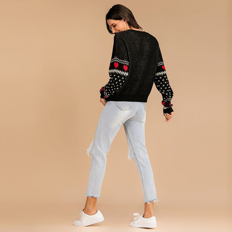 Pull de Noël pour femmes tricoté avec des rennes et des cœurs - Tania