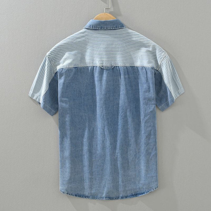 Chemise homme denim patchwork rayé manches courtes - Elías