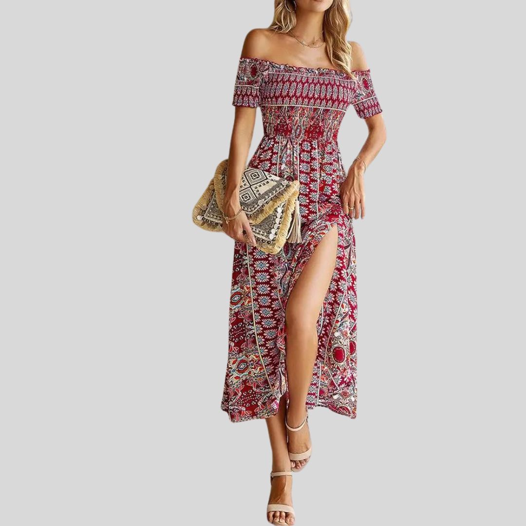 Aurora - Robe longue boho à épaules dénudées et à volants