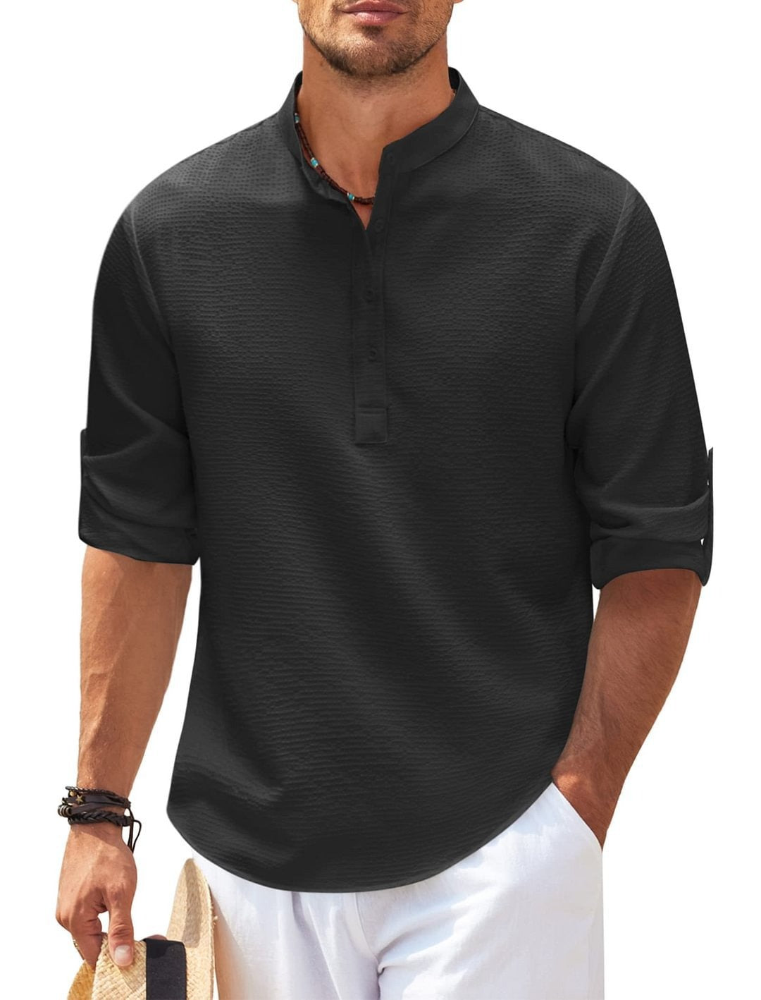 Chemise homme à col mao en coton léger style décontracté - Adrián