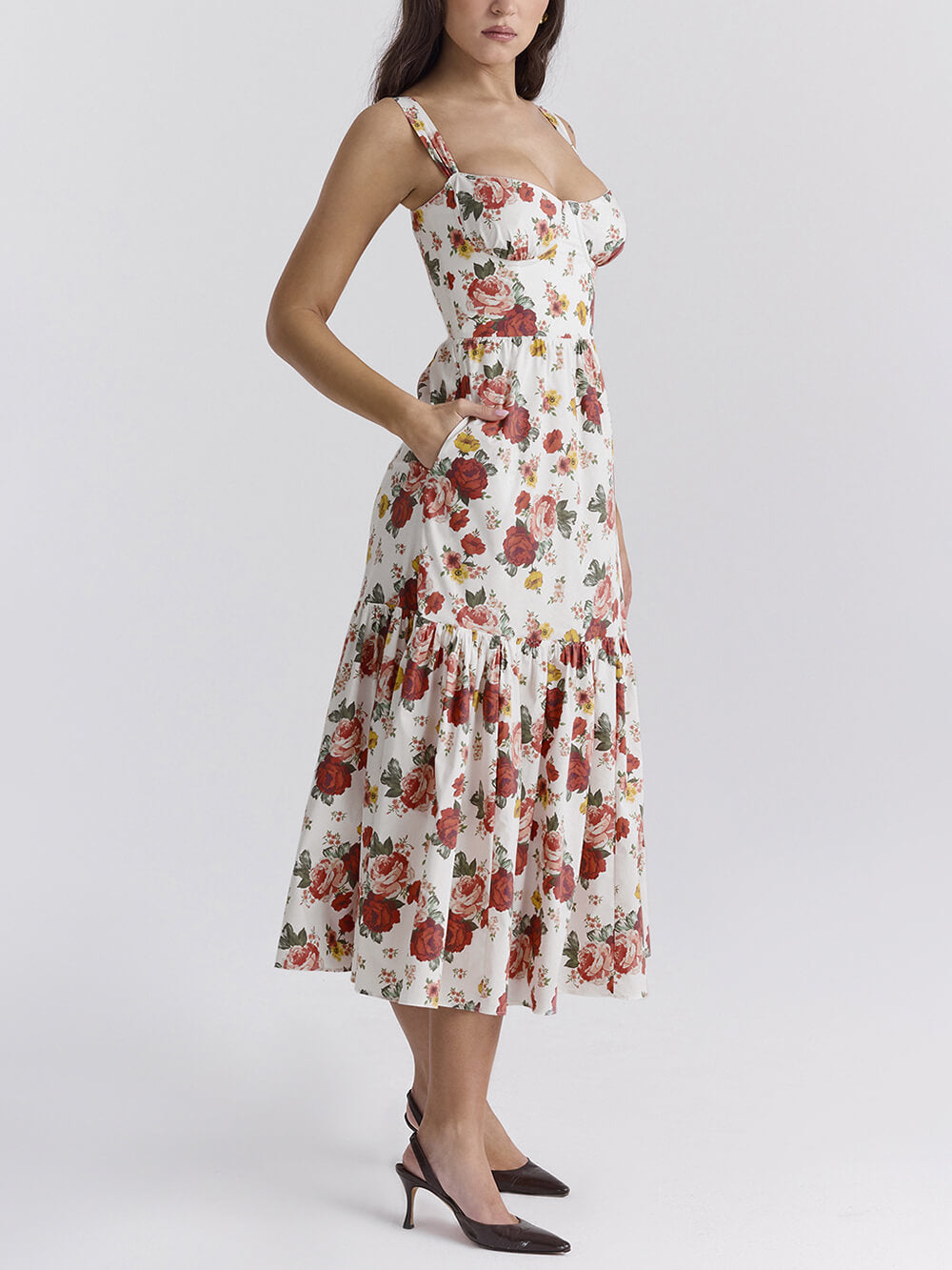 Fryda - Robe midi florale à dos nu style doux