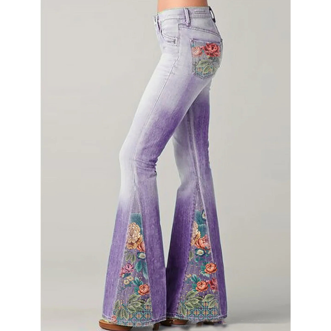 Jeans Vintage Femme - Brodé de Fleurs - Evasé
