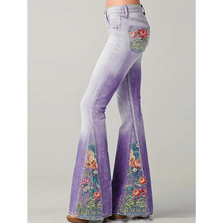 Jeans Vintage Femme - Brodé de Fleurs - Evasé