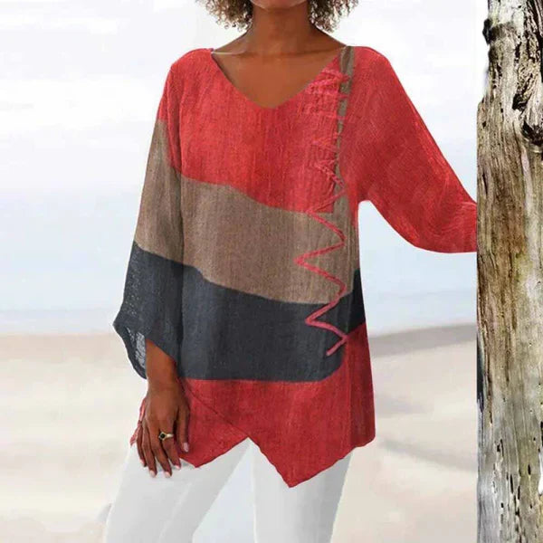 Eladie - T-shirt tricolore stylé pour femme, coupe décontractée