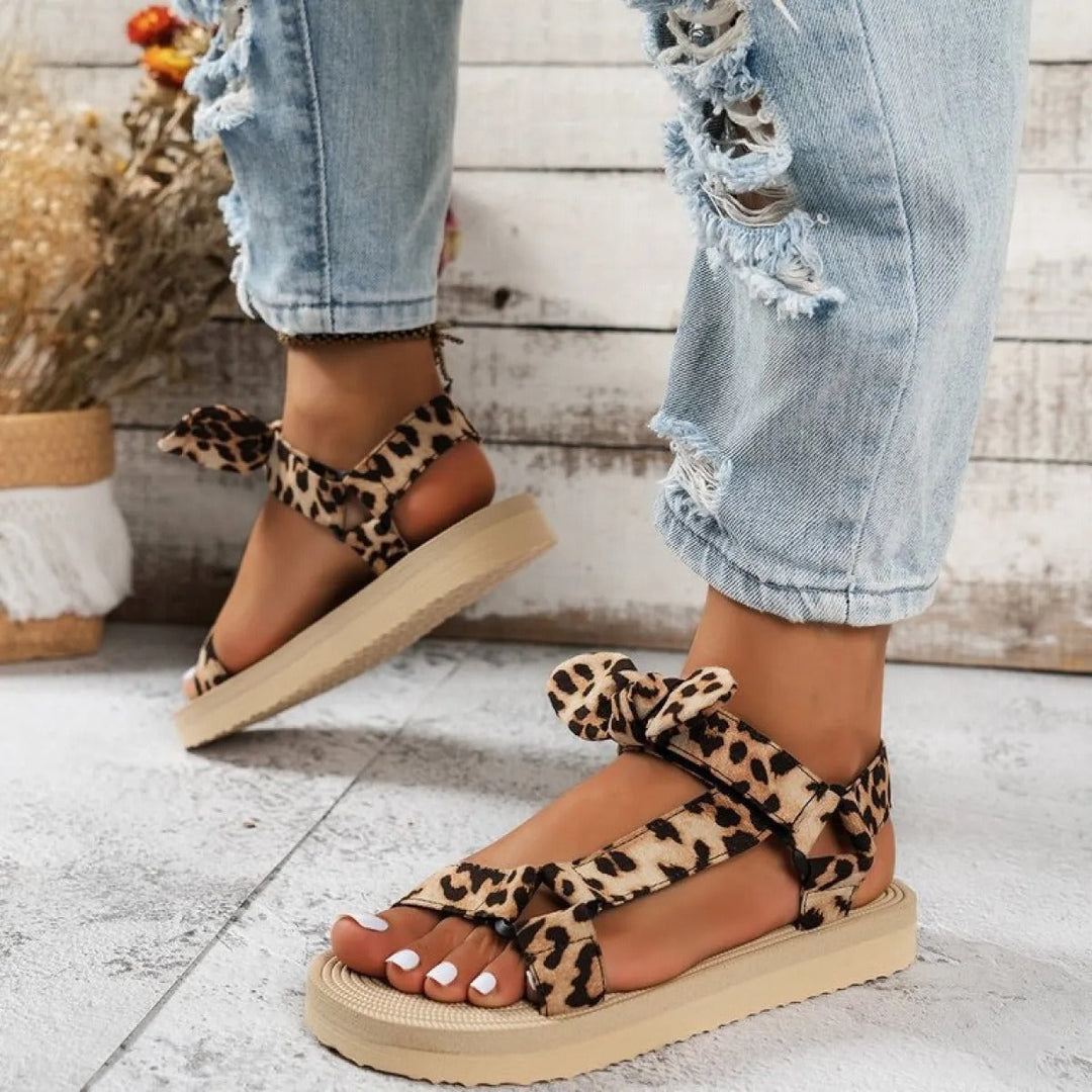Sandales plates pour femmes avec nœud imprimé léopard - Narella