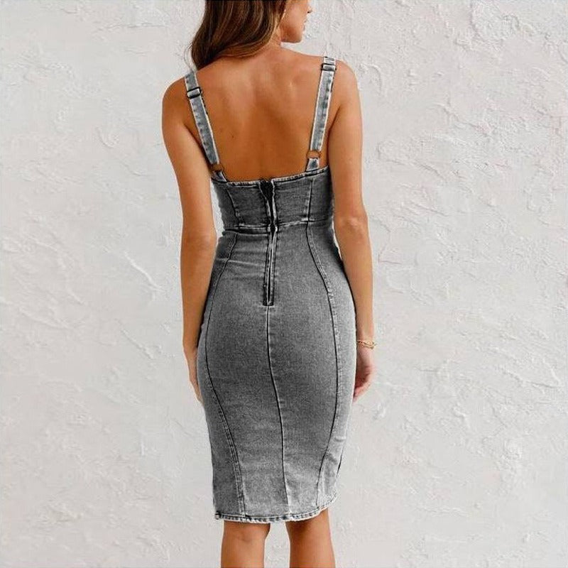 Robe moulante en denim pour femme avec fente et bretelles - Aitana