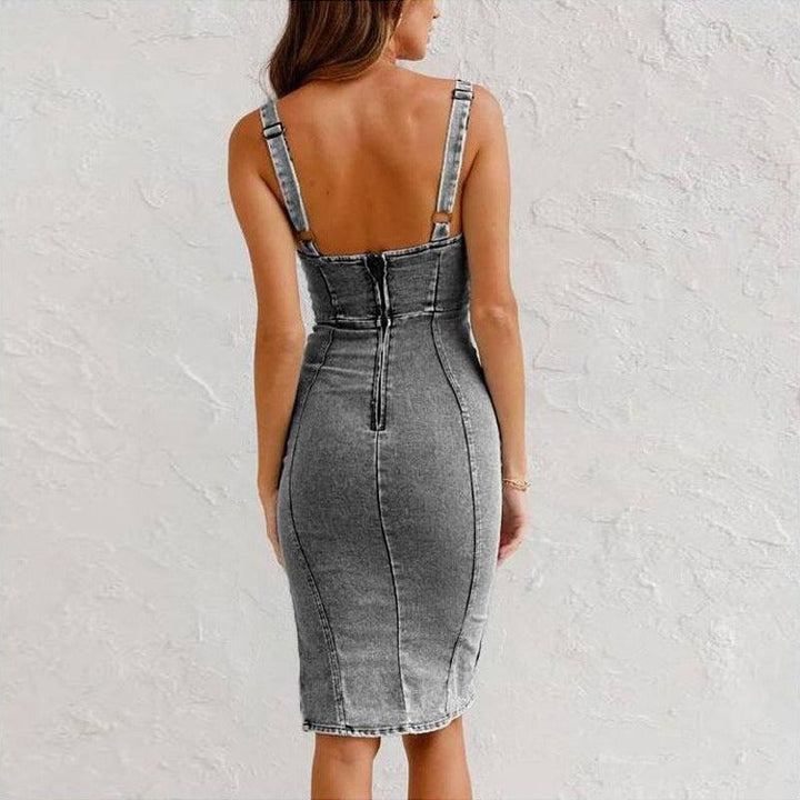 Robe moulante en denim pour femme avec fente et bretelles - Aitana