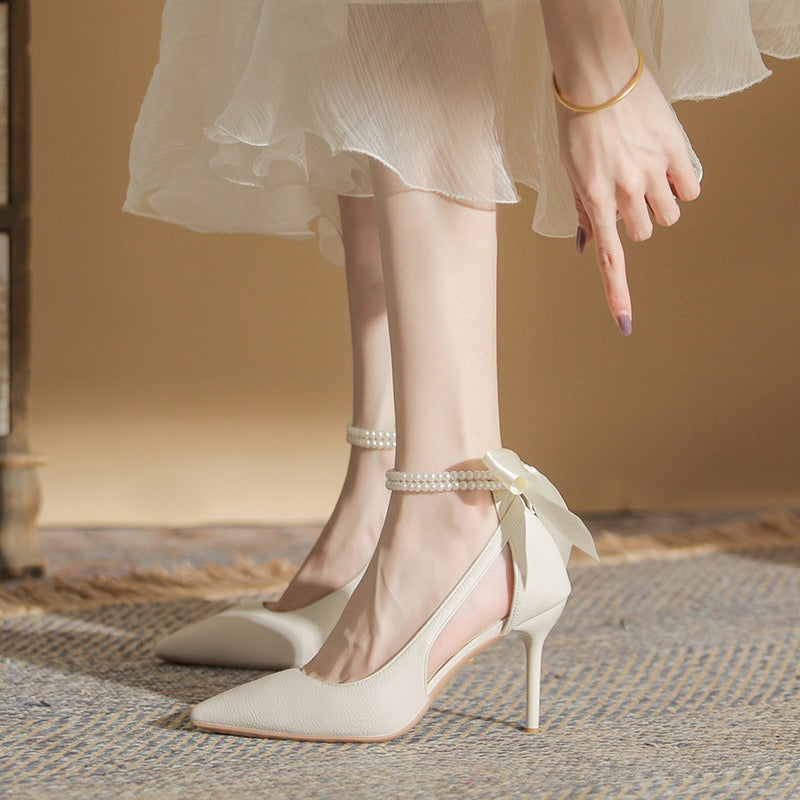 Chaussures à talons en satin avec bracelet en perles pour femmes - Bleu clair
