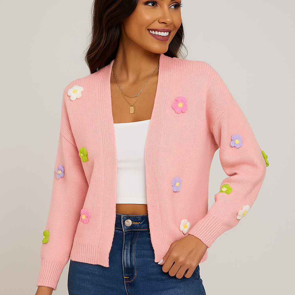 Cardigan en maille pour femmes avec applications florales décoratives - Lily