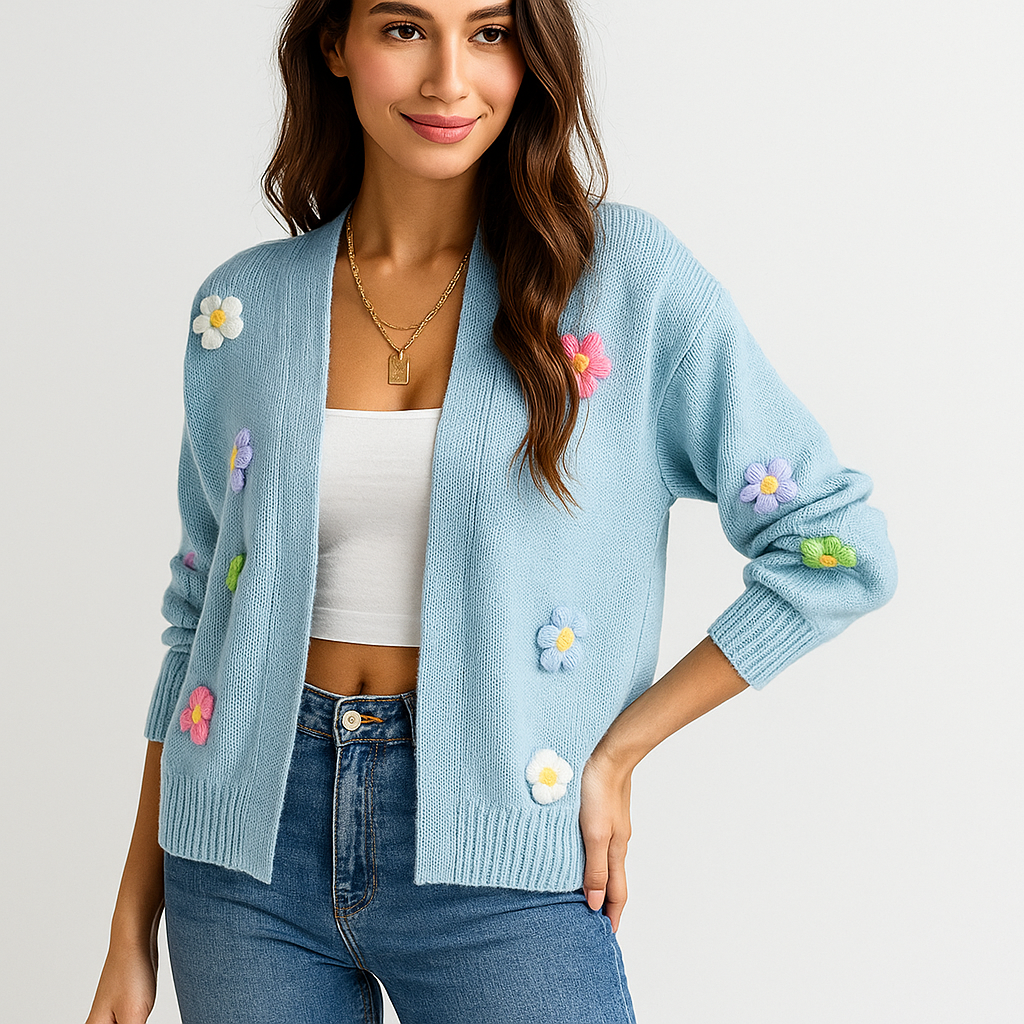 Cardigan en maille pour femmes avec applications florales décoratives - Lily