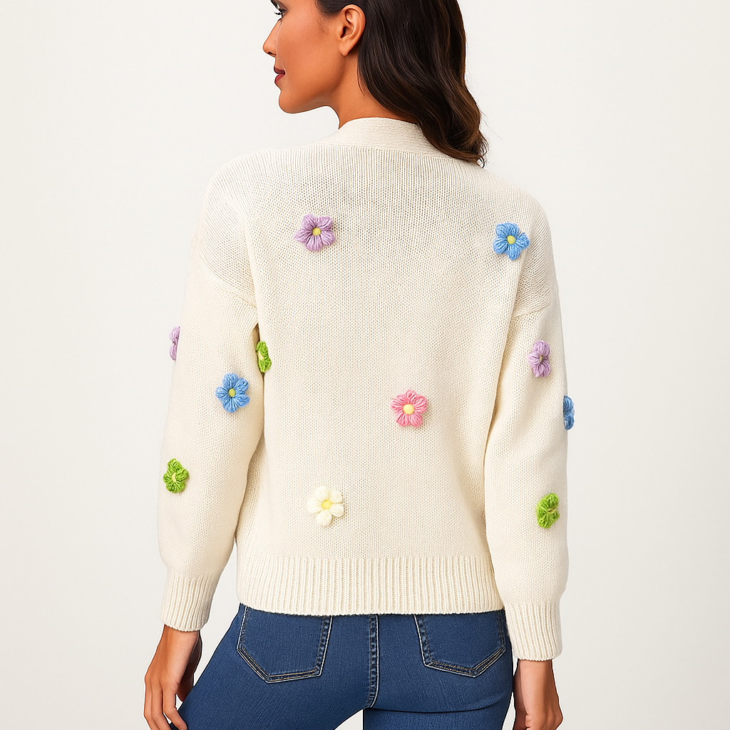 Cardigan en maille pour femmes avec applications florales décoratives - Lily