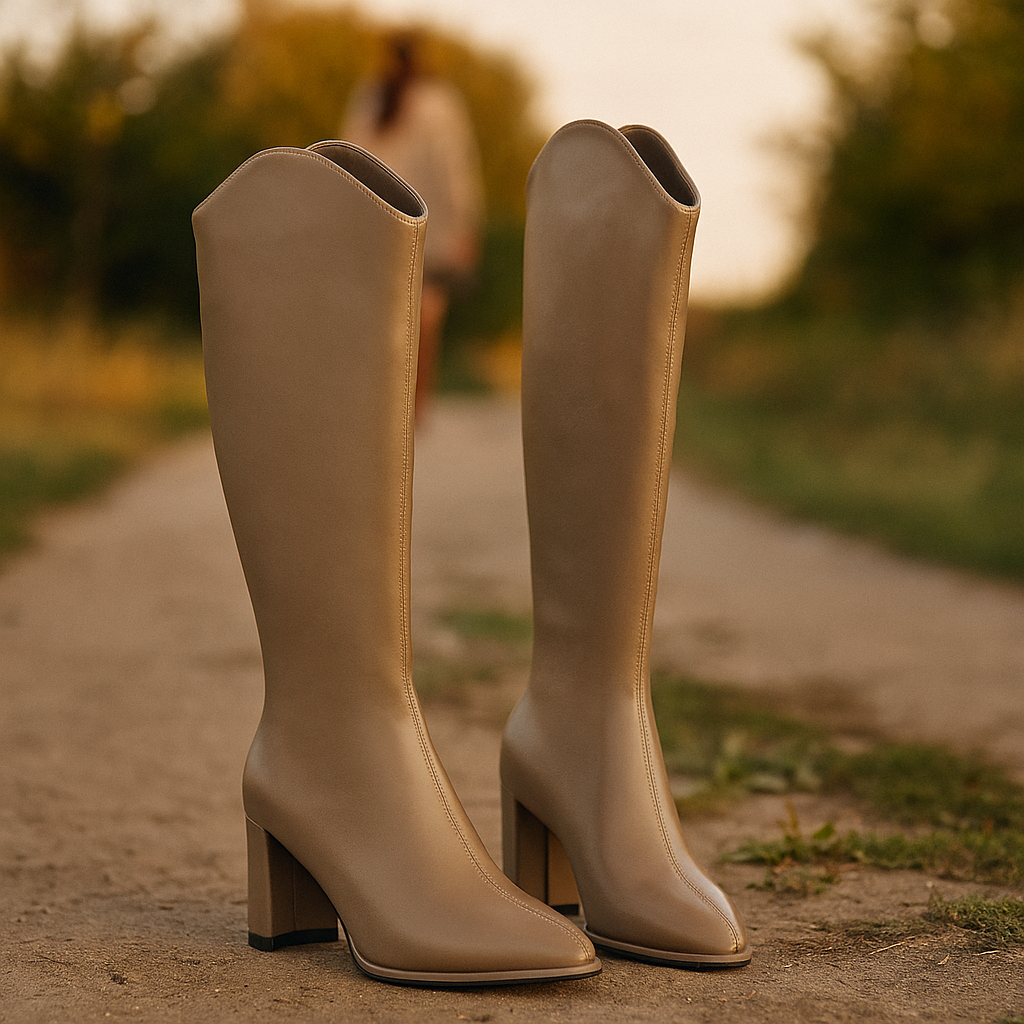 Bottes hautes en cuir végétalien à talon carré pour femmes - Amilcar