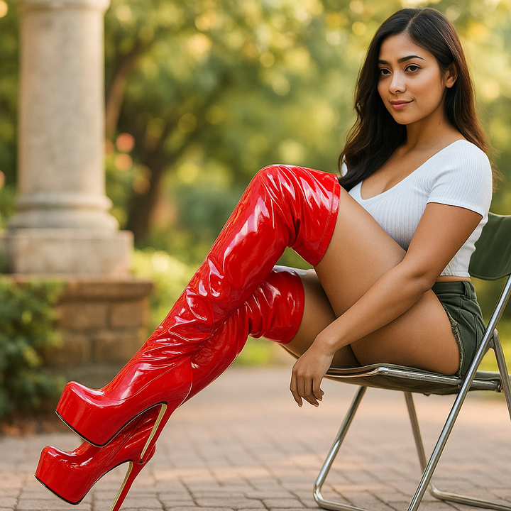 Bottes à plateforme pour femmes, jambe haute, effet cuir verni vegan - Chloe