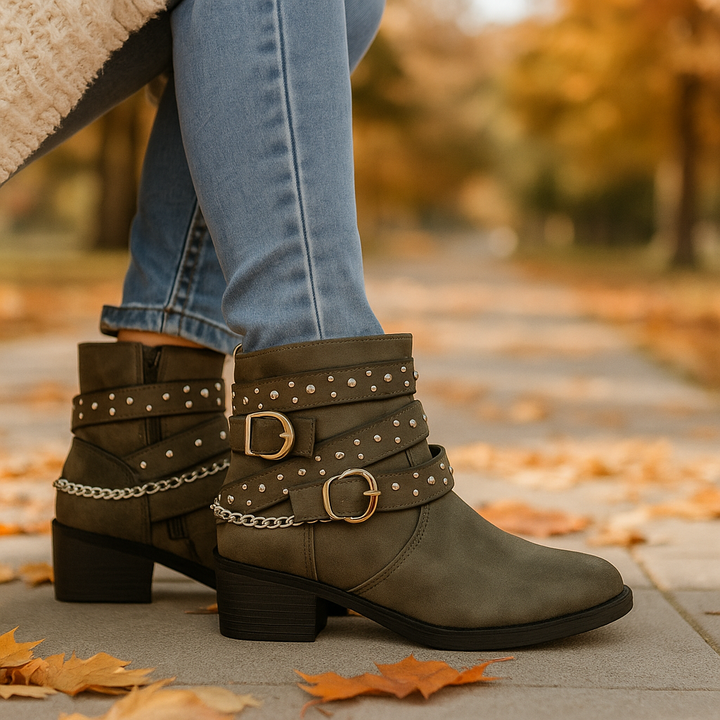 Low boots en cuir végétalien avec boucles et chaînes pour femmes - Leticia