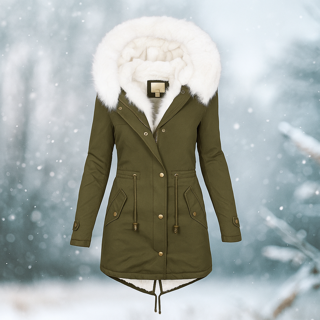 Manteau d'hiver élégant avec capuche en fourrure synthétique - Paula