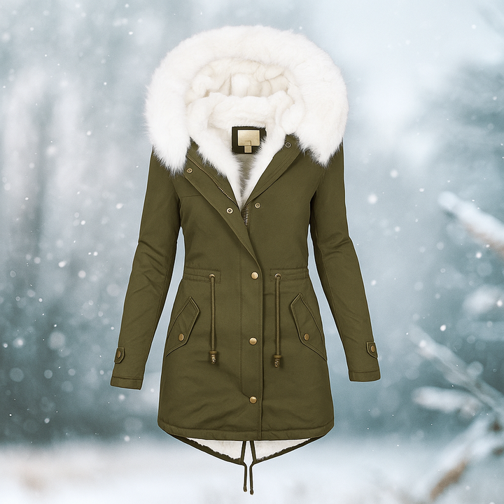 Manteau d'hiver élégant avec capuche en fourrure synthétique - Paula