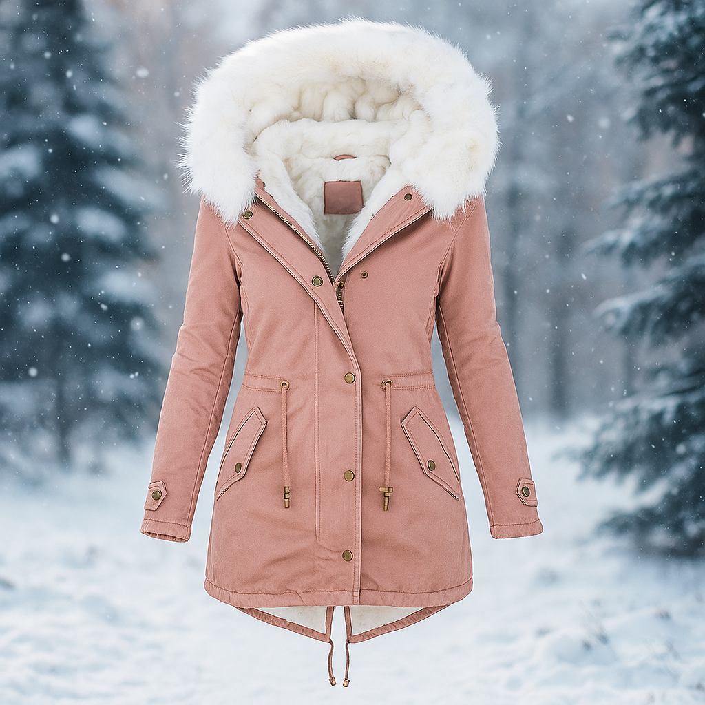 Manteau d'hiver élégant avec capuche en fourrure synthétique - Paula
