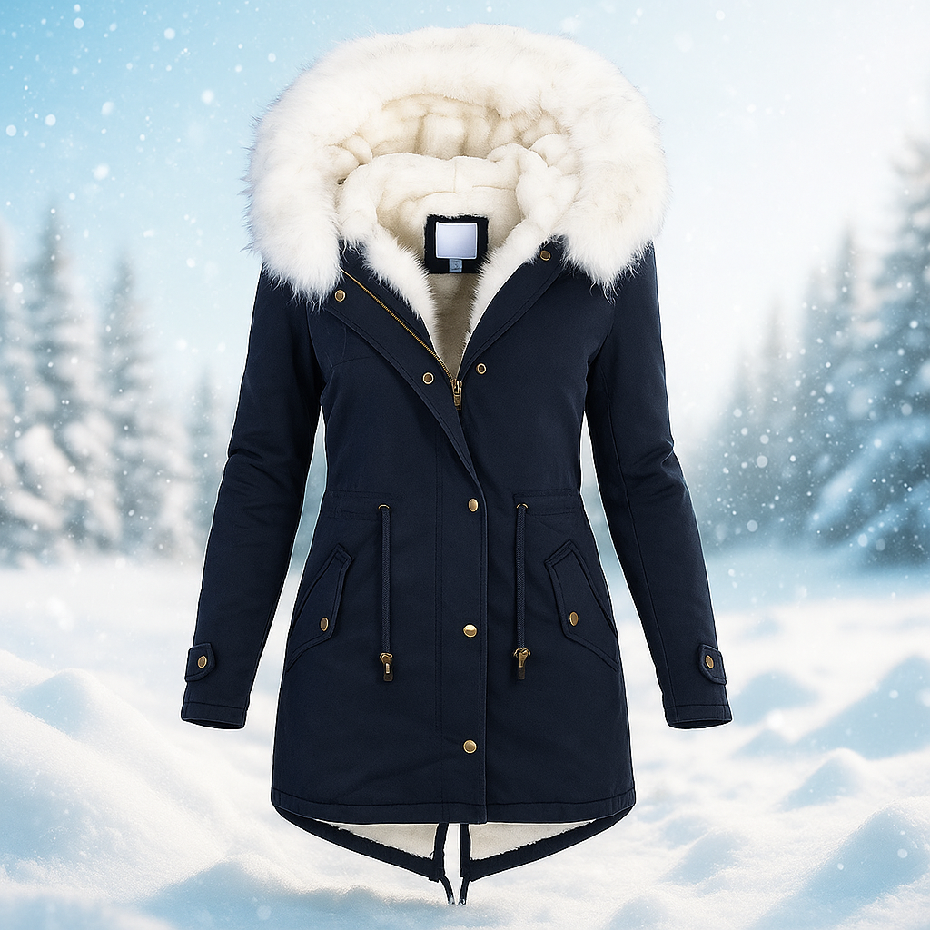 Manteau d'hiver élégant avec capuche en fourrure synthétique - Paula