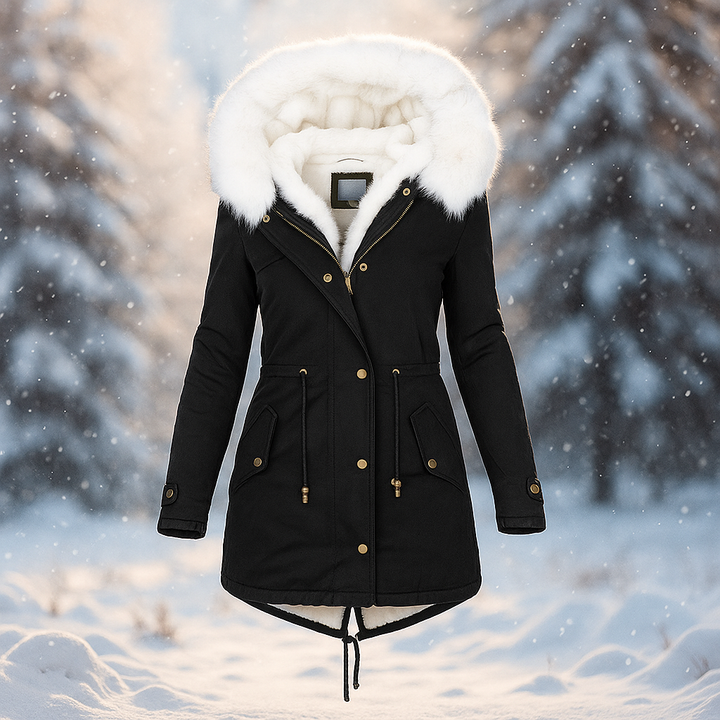 Manteau d'hiver élégant avec capuche en fourrure synthétique - Paula