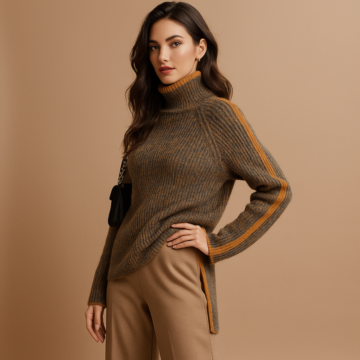 Pull à col roulé à rayures sur les manches pour femmes - Kyla