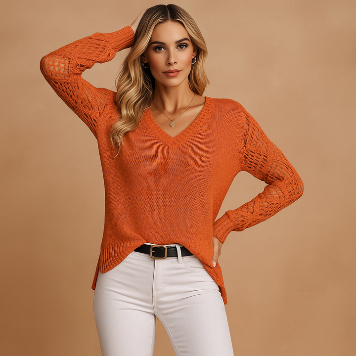 Pull à col en V et manches ajourées pour femmes - Erendira