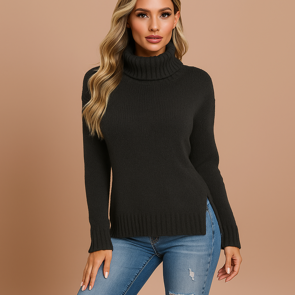 Pull femme col roulé fentes latérales tricot chaud - Riley