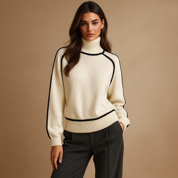 Pull à col roulé pour femmes avec bordures côtelées contrastées tricot élégant - Emilia