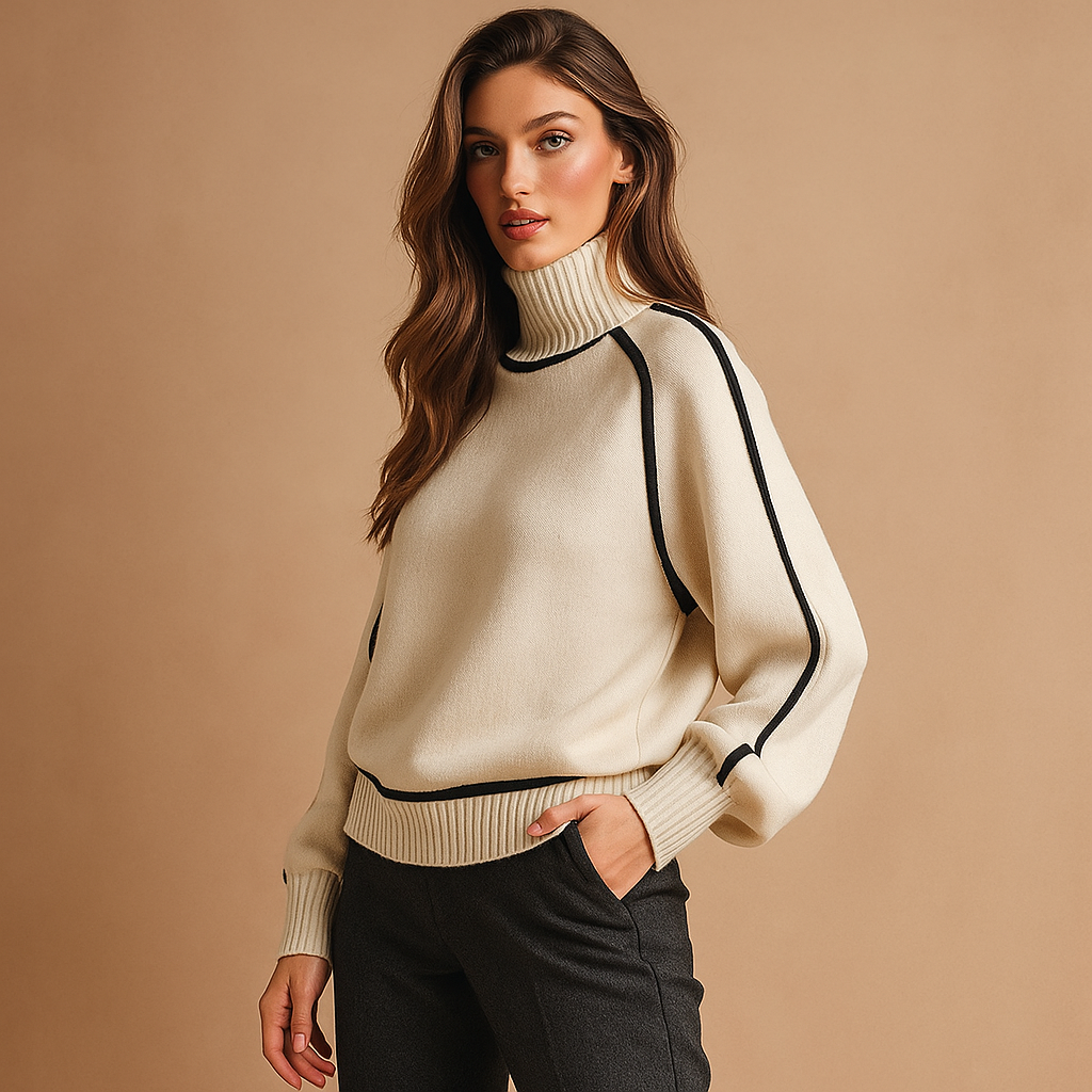 Pull à col roulé pour femmes avec bordures côtelées contrastées tricot élégant - Emilia