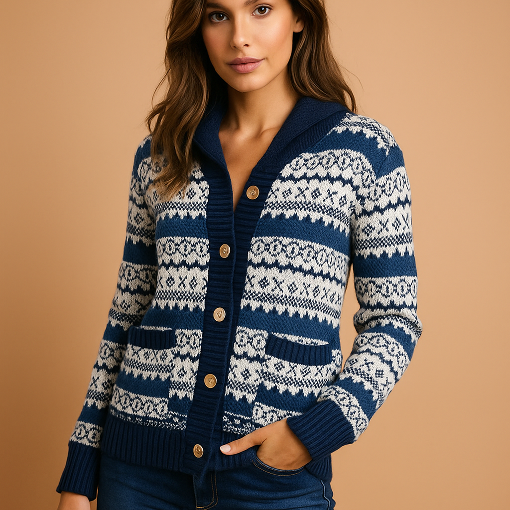 Cardigan tricoté pour femme motif hivernal avec boutons sur le devant - Ingrid