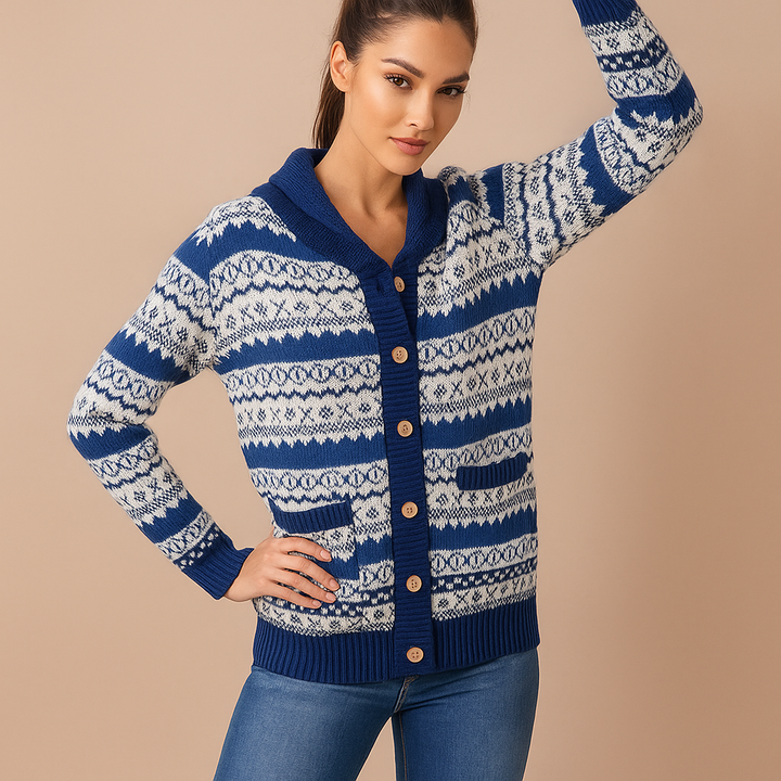 Cardigan tricoté pour femme motif hivernal avec boutons sur le devant - Ingrid