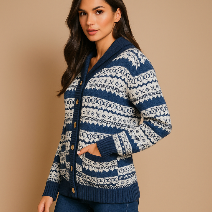 Cardigan tricoté pour femme motif hivernal avec boutons sur le devant - Ingrid