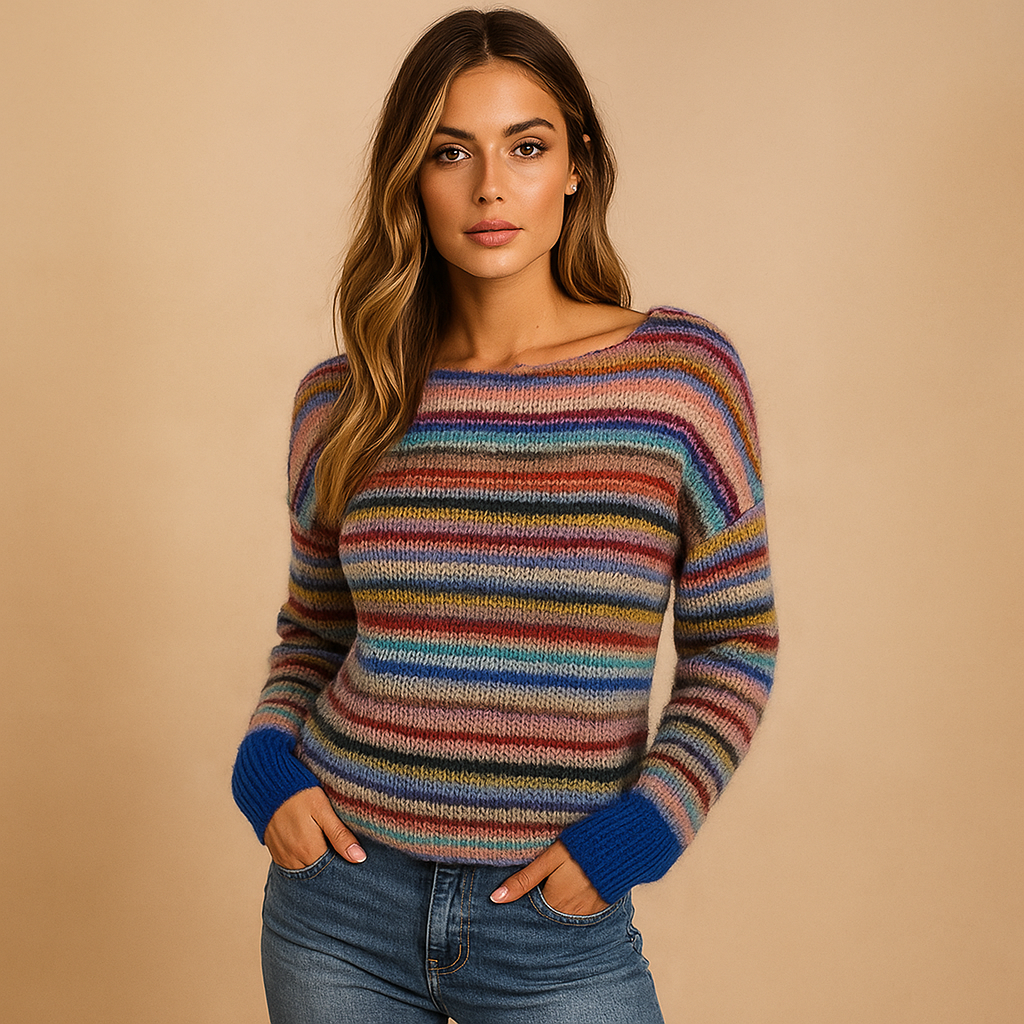 Pull femme rayures multicolores tricot moderne poignets contrastés - Camila