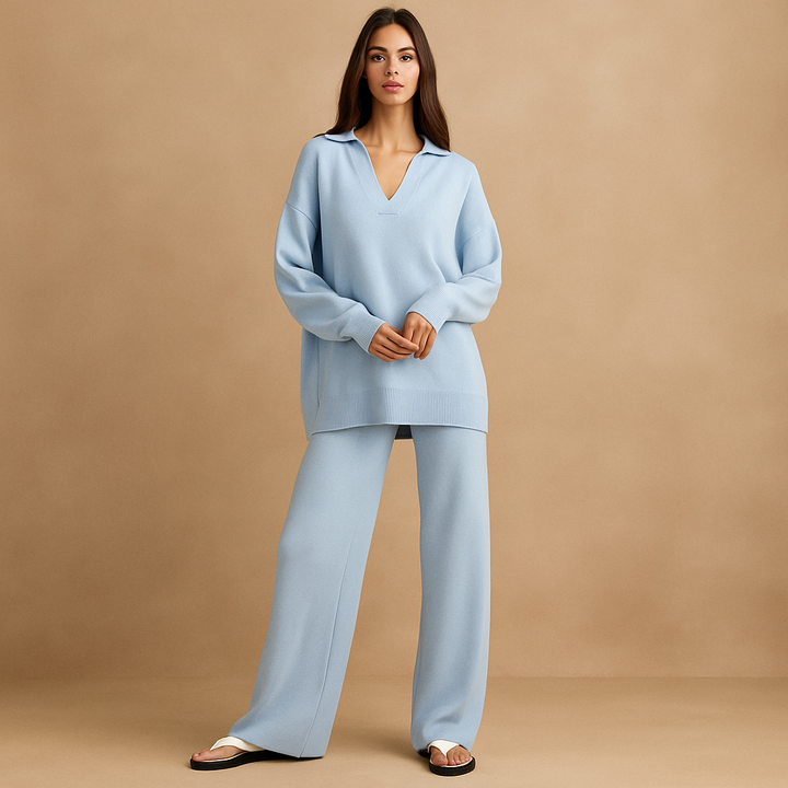 Pull décontracté en maille à col polo et pantalon large pour femme - Laadukas