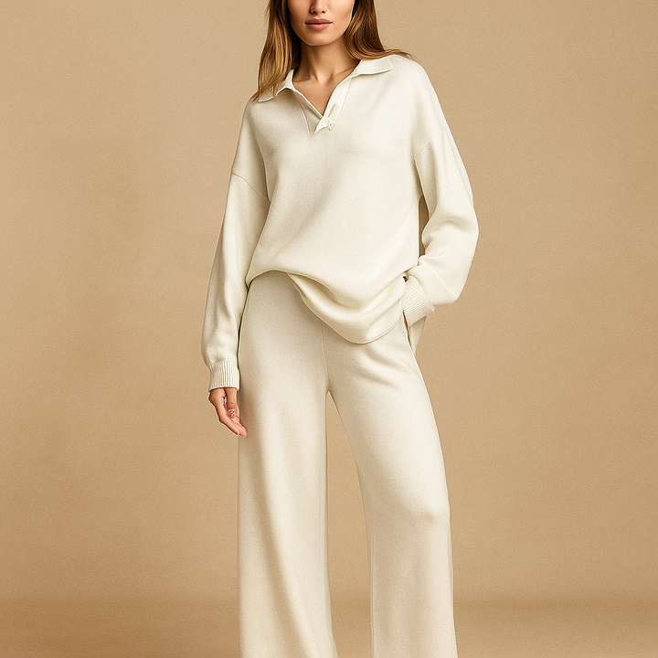 Pull décontracté en maille à col polo et pantalon large pour femme - Laadukas