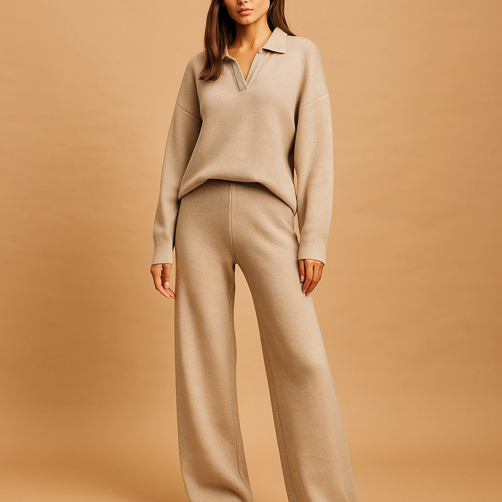 Pull décontracté en maille à col polo et pantalon large pour femme - Laadukas