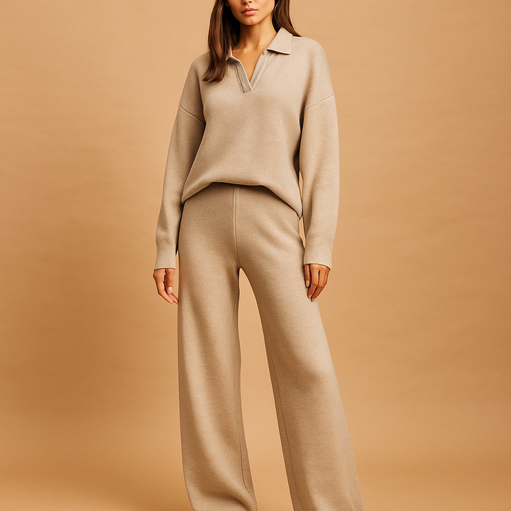 Pull décontracté en maille à col polo et pantalon large pour femme - Laadukas