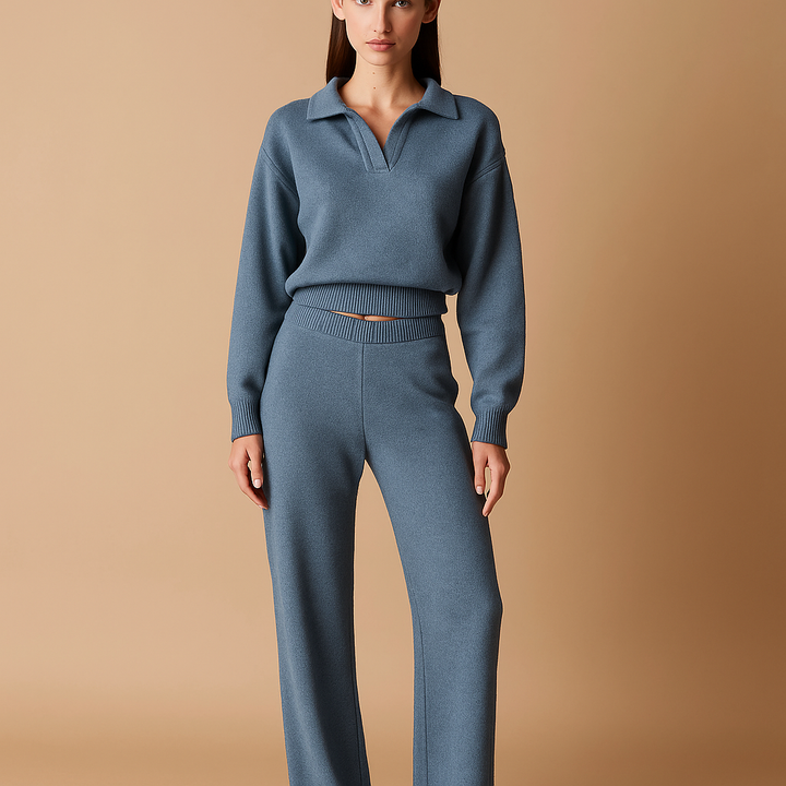 Pull décontracté en maille à col polo et pantalon large pour femme - Laadukas