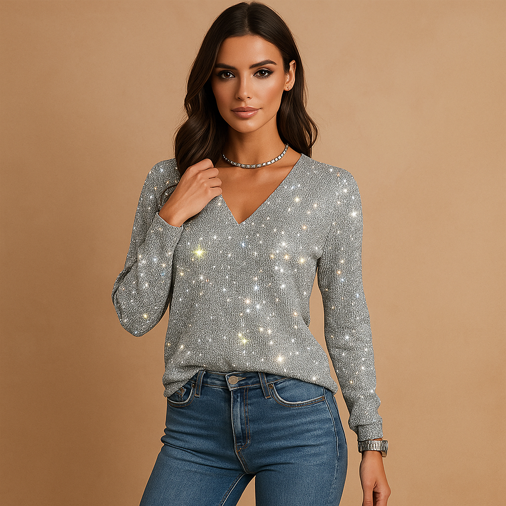 Pull à manches longues et col en V à paillettes pour femmes - Perla