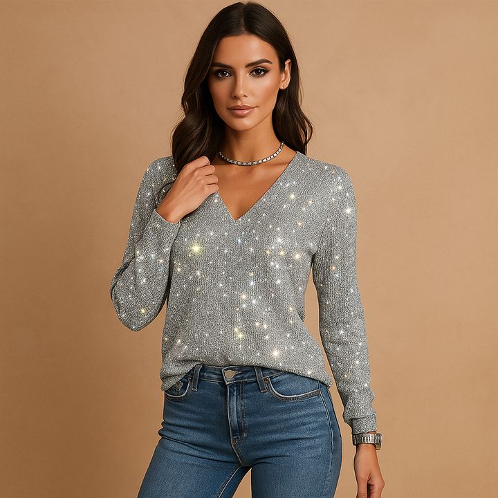 Pull à manches longues et col en V à paillettes pour femmes - Perla